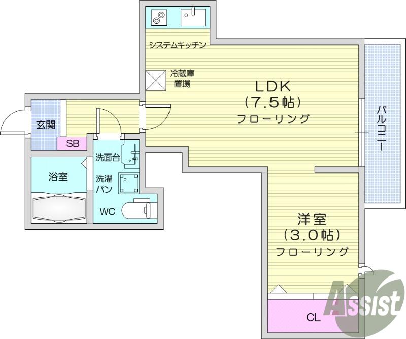 メリディアン白鳥(1LDK/2階)の間取り写真