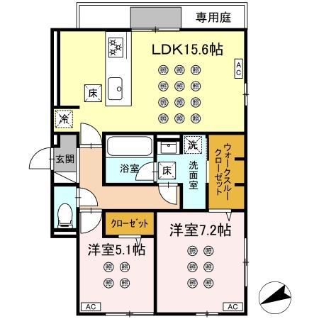 ＪＲ日豊本線 城野駅(ＪＲ) 徒歩14分 3階建 築1年(2LDK/1階)の間取り写真