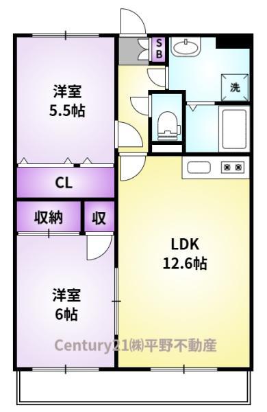 グリーンヒルズ津福(2LDK/5階)の間取り写真