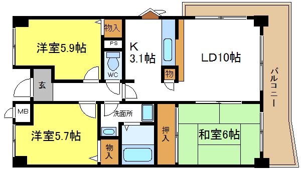 パークシャトー平野白鷺(3LDK/2階)の間取り写真