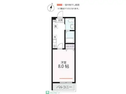 ハーミットクラブハウスピュアプレズン(1K/2階)の間取り写真