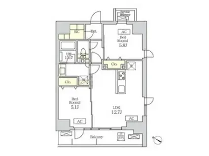 コスモグラシア新宿西早稲田(2LDK/12階)の間取り写真
