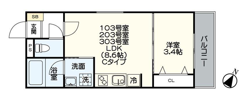 グランドライフ久留米(1LDK/2階)の間取り写真