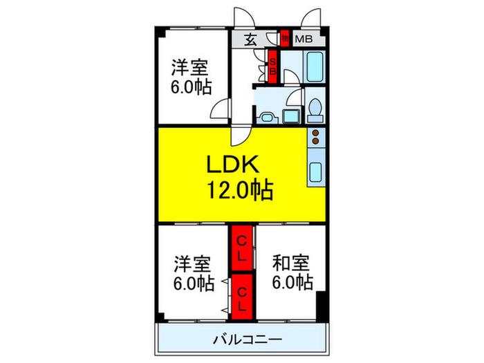 第2玉一ハイツ(3LDK/5階)の間取り写真