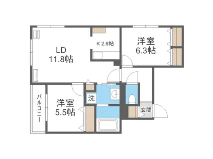 エンジェリックヴィレッジ北35条(2LDK/1階)の間取り写真
