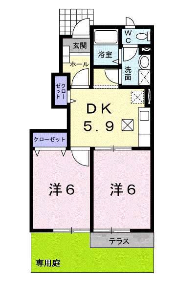 グランシャリオB(2DK/1階)の間取り写真