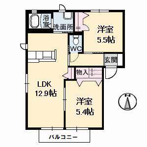 ブルメゾン A棟(2LDK/2階)の間取り写真