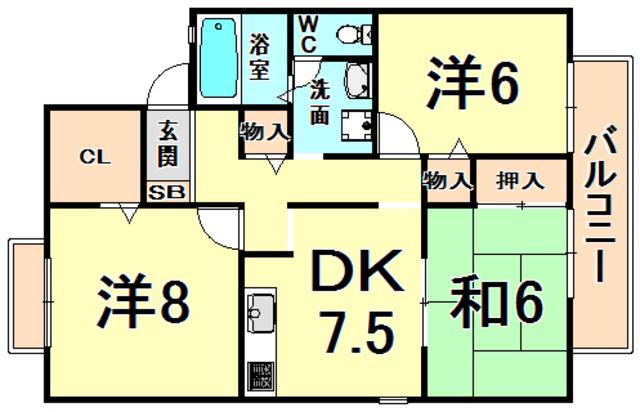 グリーンパーク鴻池 A棟(3DK/2階)の間取り写真