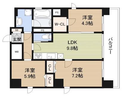OSAKA CASTEL SHIRAHAMA PREMIER(2SLDK/9階)の間取り写真