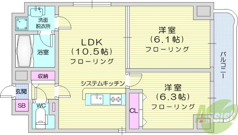 K-1二日町(2LDK/2階)の間取り写真