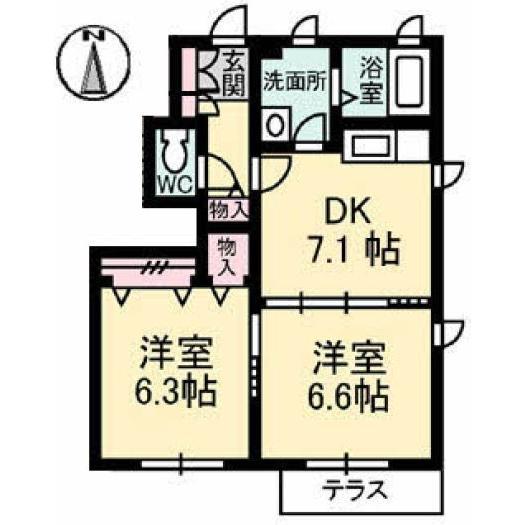 GROVE PLACE B棟(2DK/1階)の間取り写真