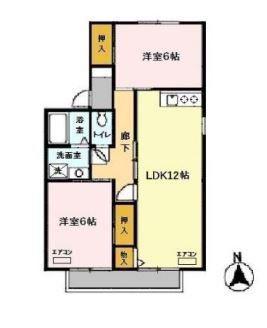 グリンヴェールB棟(2LDK/1階)の間取り写真