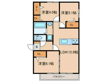 嵯峨広沢西裏町D-ROOM(3LDK/2階)の間取り写真