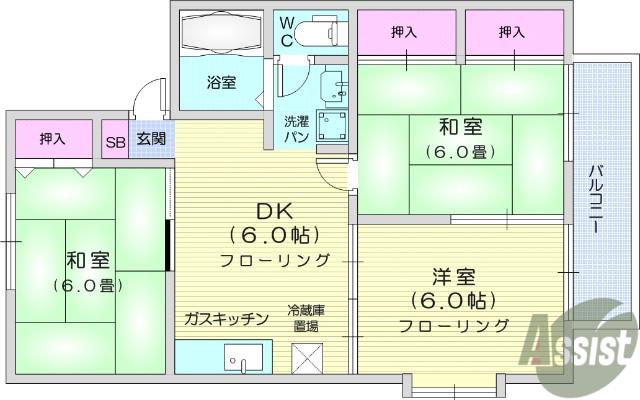 セジュール・S・COURT B(3DK/2階)の間取り写真