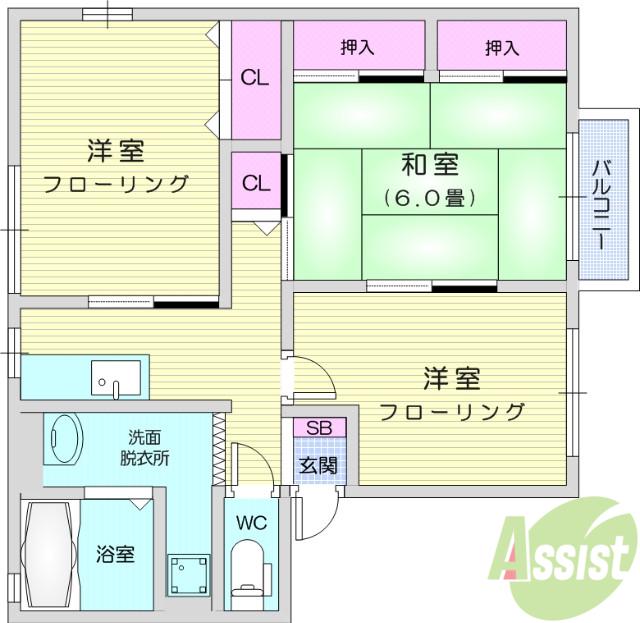 シティハイム シャトル B棟(3K/2階)の間取り写真