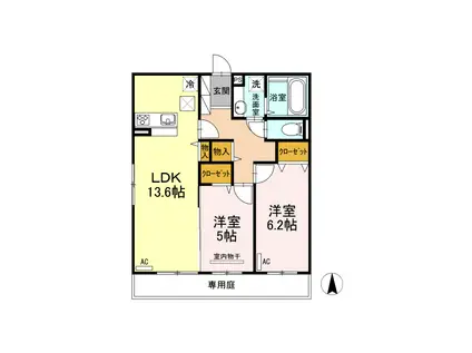 ラフィーネ益城 A棟(2LDK/1階)の間取り写真