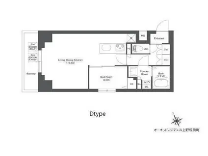 オーキッドレジデンス上野稲荷町(1LDK/4階)の間取り写真