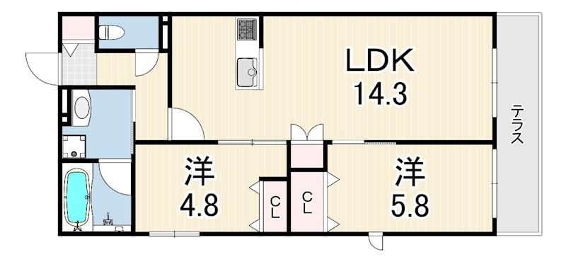 HEBEL MAISON 甲東園(2LDK/1階)の間取り写真