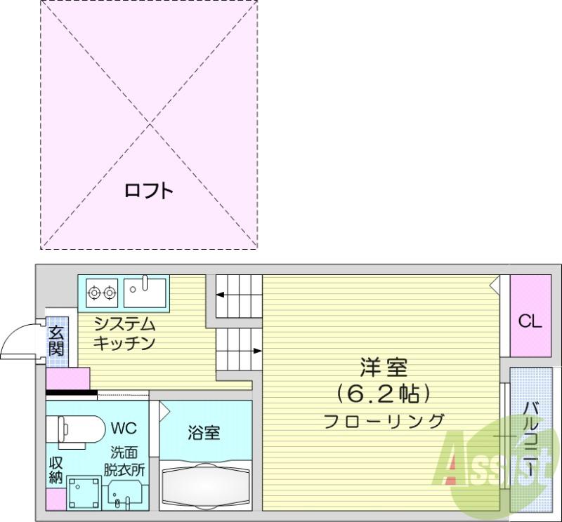 グラード旭ヶ丘(1K/2階)の間取り写真