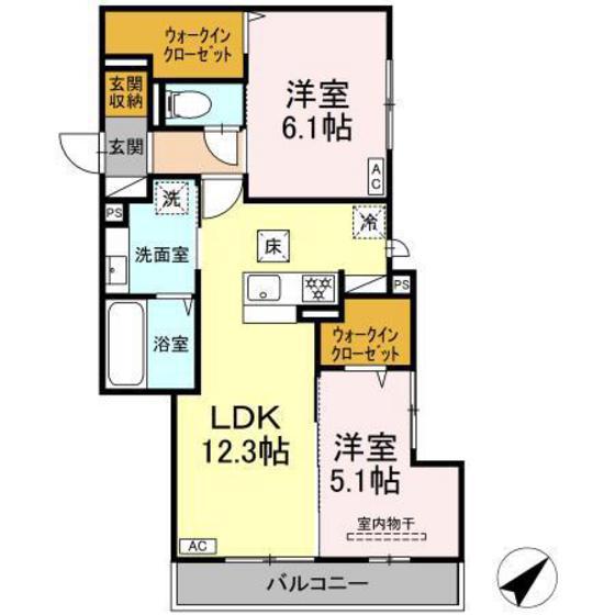 プレミア西条中央B棟(2LDK/1階)の間取り写真