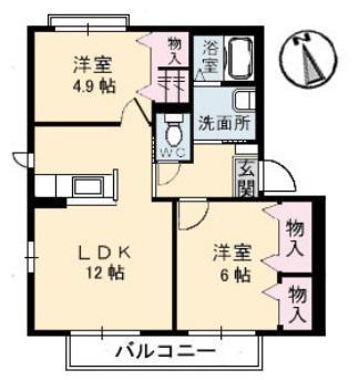 フローラルコートD棟(2LDK/2階)の間取り写真