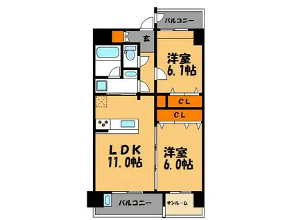 バルセロナ薬院(2LDK/12階)の間取り写真