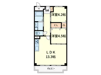 シャルマンコーポ摂津富田(2LDK/2階)の間取り写真