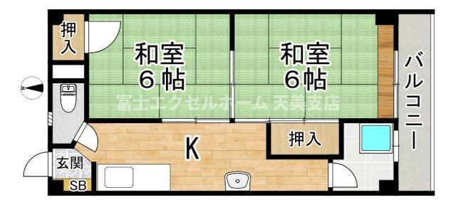 近鉄南大阪線 矢田駅(大阪) 徒歩3分 5階建 築55年(2K/2階)の間取り写真