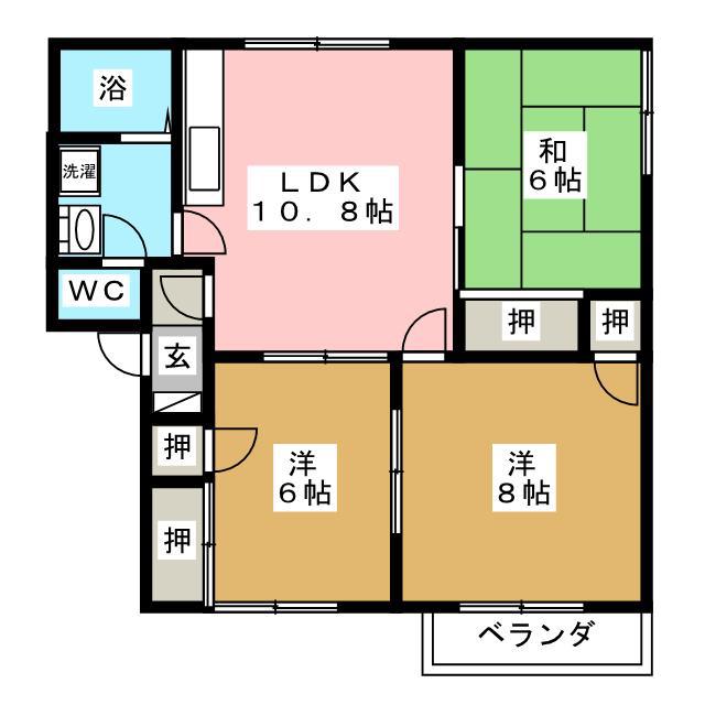 フレグランス若里 W棟(3LDK/2階)の間取り写真
