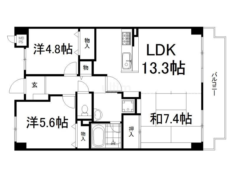 ライオンズマンション伏見くいな橋(3LDK/1階)の間取り写真