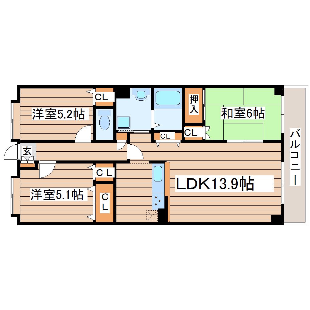 オークス南仙台(3LDK/1階)の間取り写真