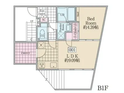 レーヴレジデンス市ヶ谷II(1LDK/B1階)の間取り写真