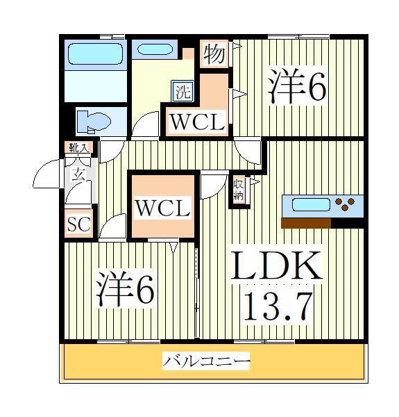 VERDEB棟(2LDK/1階)の間取り写真