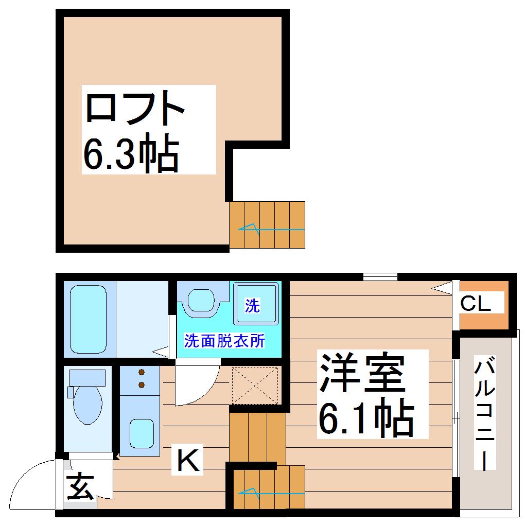 ハーモニーテラス燕沢(1K/2階)の間取り写真