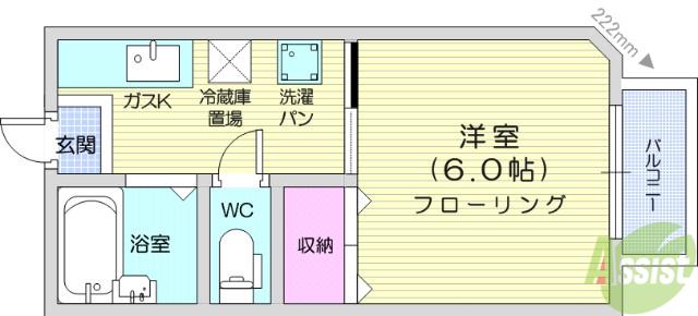 WISH河原町(1K/2階)の間取り写真