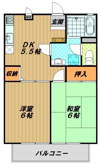 ビーラインミフネ1号館(2DK/1階)の間取り写真