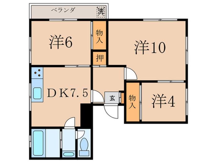 キャッスル自由ヶ丘(3DK/1階)の間取り写真