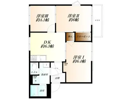 ハイリスA棟 WIFI対応(3DK/1階)の間取り写真