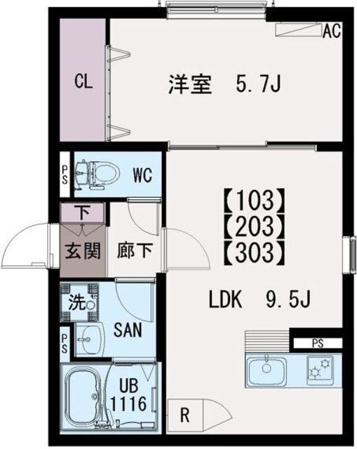 IRIS COURT TX六町(1LDK/2階)の間取り写真