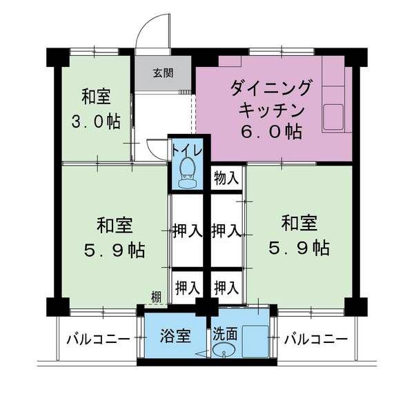 ビレッジハウス宮の前 5号棟(3DK/4階)の間取り写真