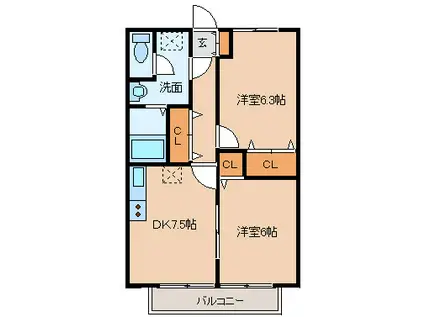 ルミエール砂押(2DK/2階)の間取り写真
