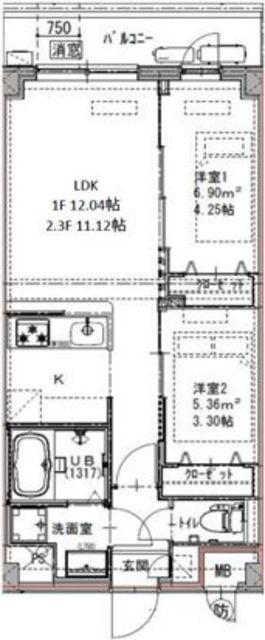 GENOVIA六町(2LDK/1階)の間取り写真