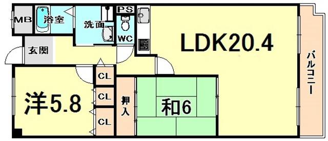 フレシア西宮(2LDK/6階)の間取り写真