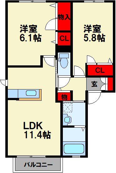 カーサ シェルテッツァ 野見山(2LDK/2階)の間取り写真