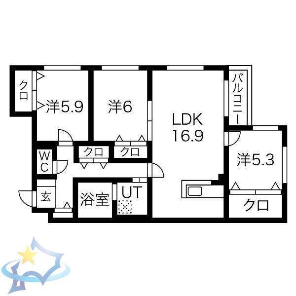 ZABO HILLS MINAMI6JO(3LDK/1階)の間取り写真