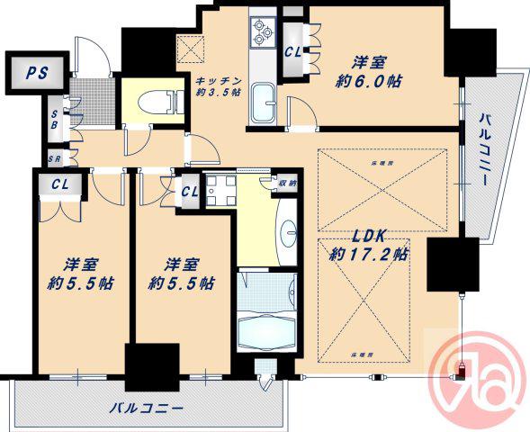 リバーガーデンタワー上町台筆ヶ崎(3LDK/26階)の間取り写真