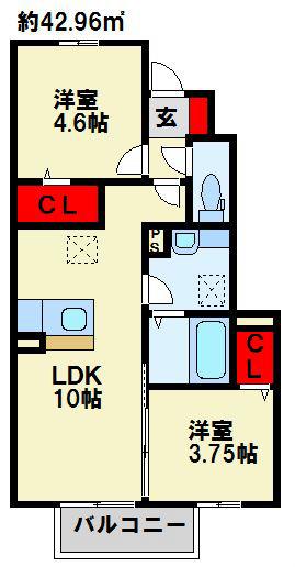 サンヒルズ愛坂 A棟(2LDK/1階)の間取り写真