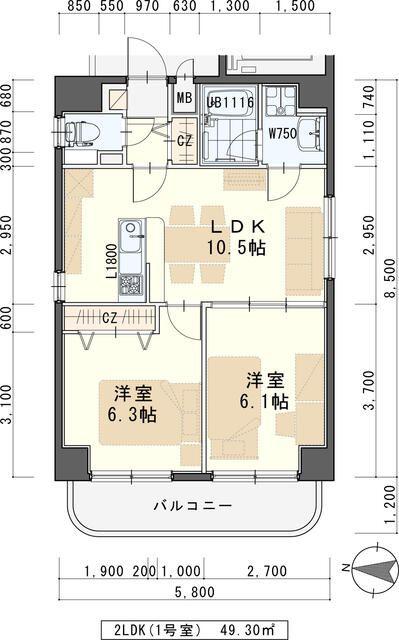 K-1二日町(2LDK/2階)の間取り写真