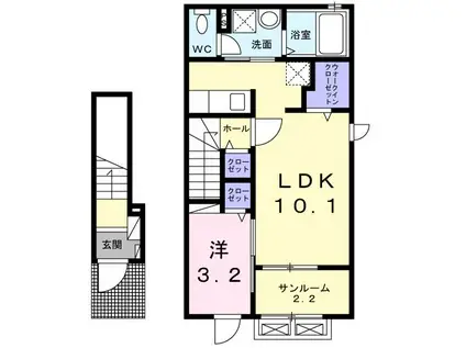 ローズブラン ハレA(1LDK/2階)の間取り写真