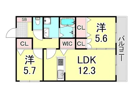 リゼ西宮仁川(2LDK/3階)の間取り写真